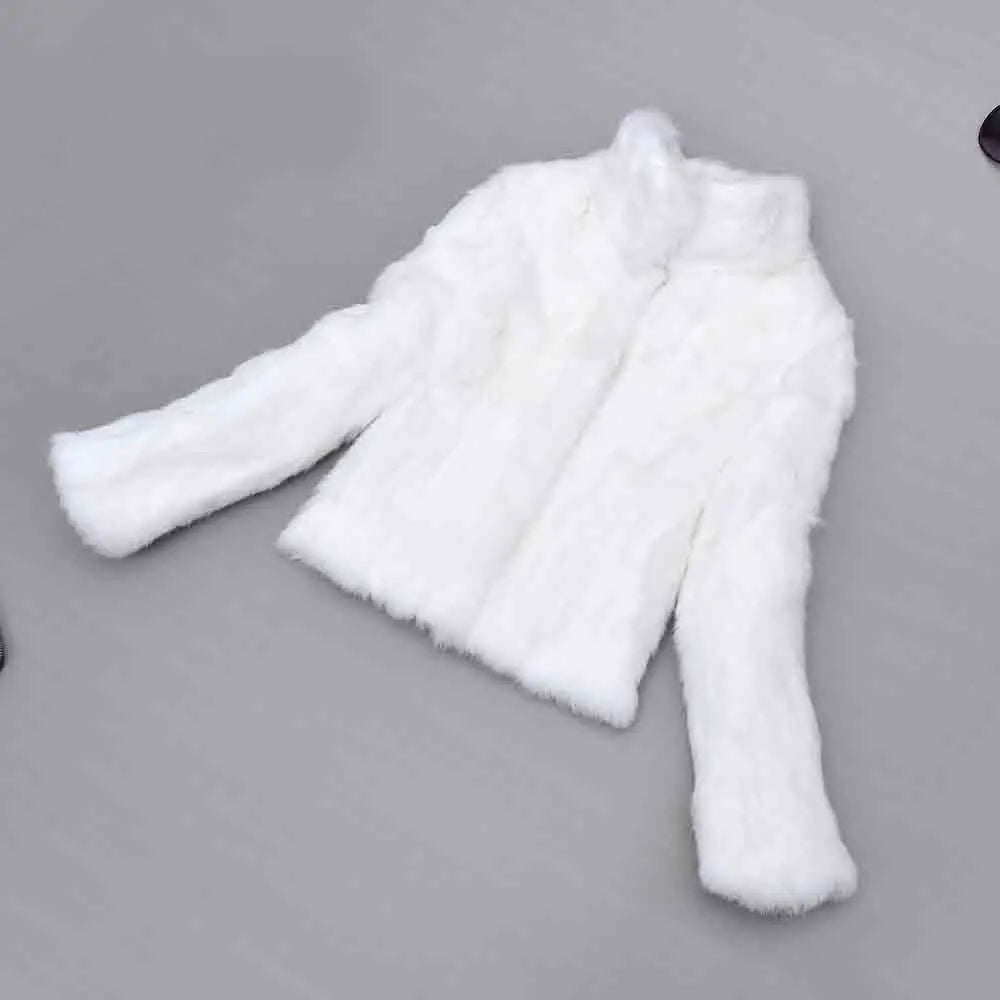 Tonfur Mandarin Collar Rabbit Fur Patchwork Coat For Women
