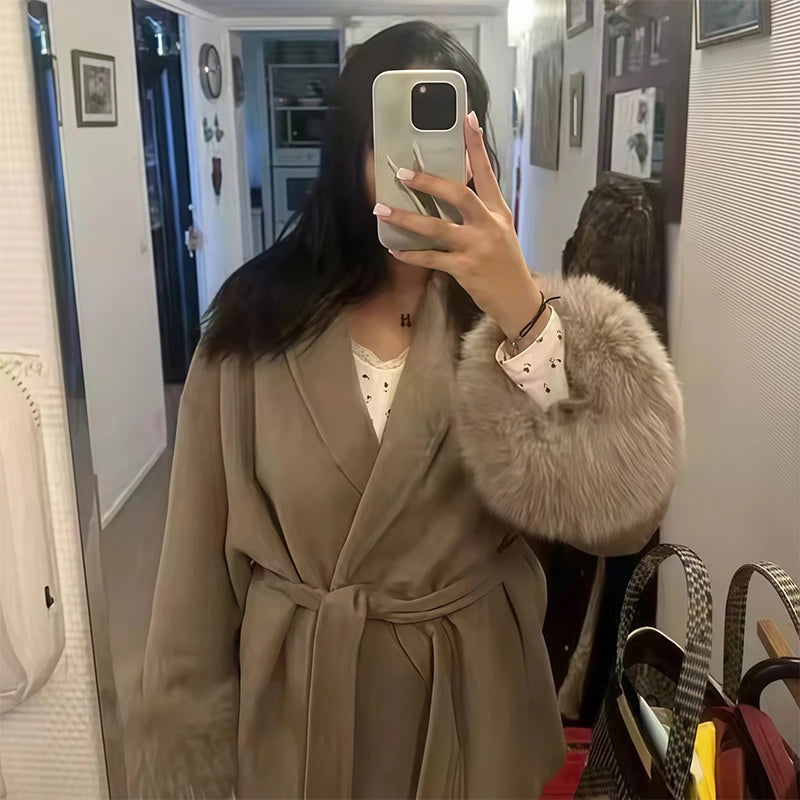 Chin.Sweety Women Chic Lapel Plush Faux Fur Coat With Belt