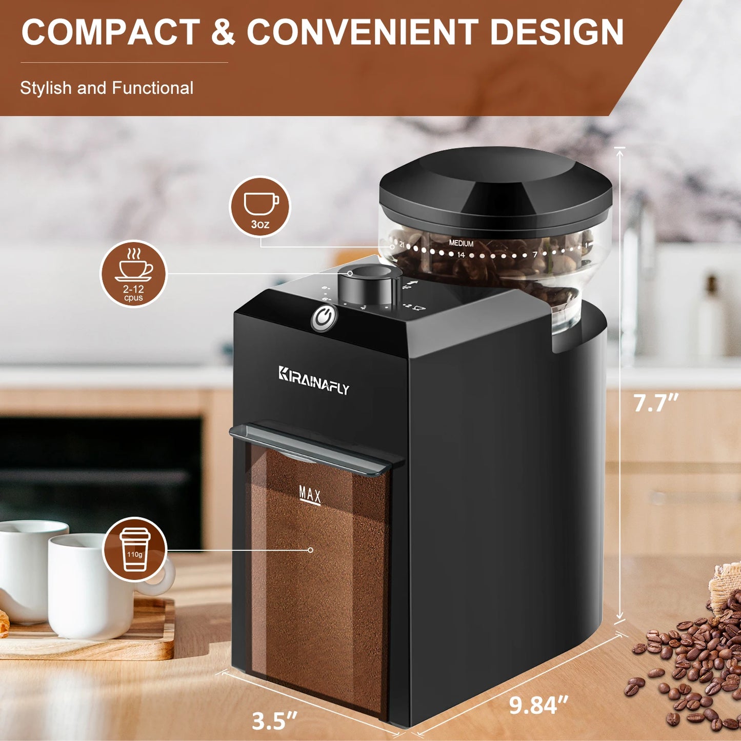 KIRAINAFLY Automatic Burr Mill Coffee Grinder 28 Gears