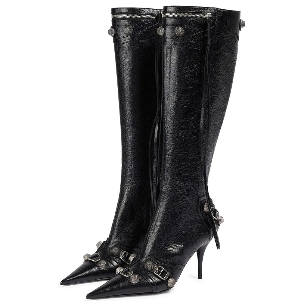 DoraTasia Stiletto Knee High Boots With Pointed Toe Back Zipper Tassel Rivet Fashion