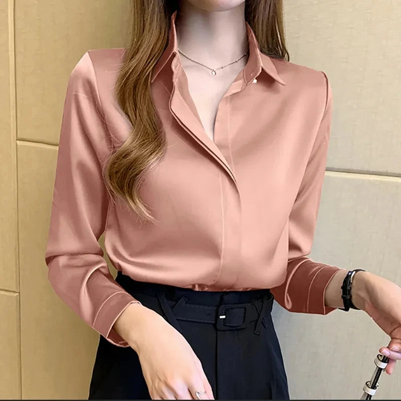 Satin Womens Shirt Long Sleeve Blouse Luxury Silk