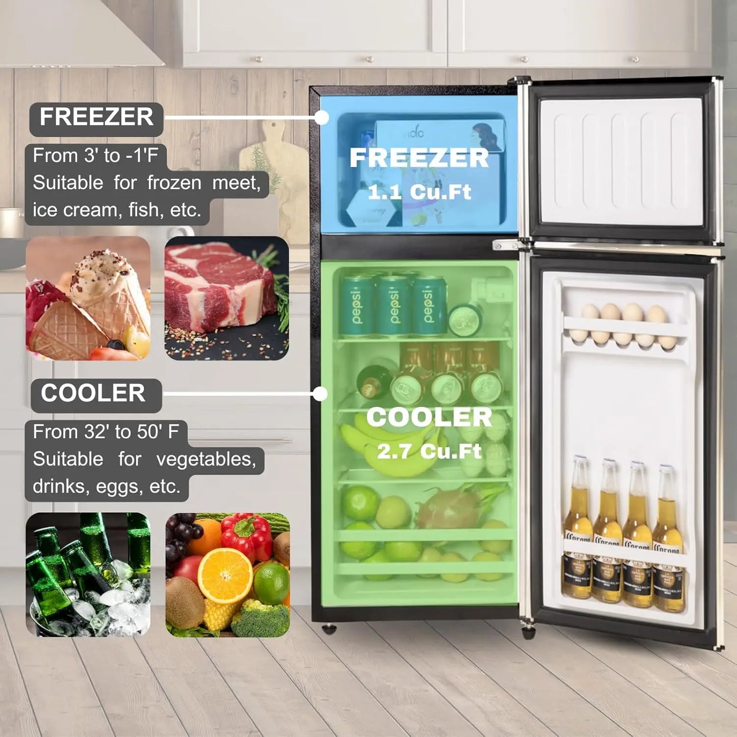 3.8 Cu.Ft Small Refrigerator with Freezer, Mini Fridge Double Door,Energy-Efficient, Large Capacity, Ideal for Office, Dorm