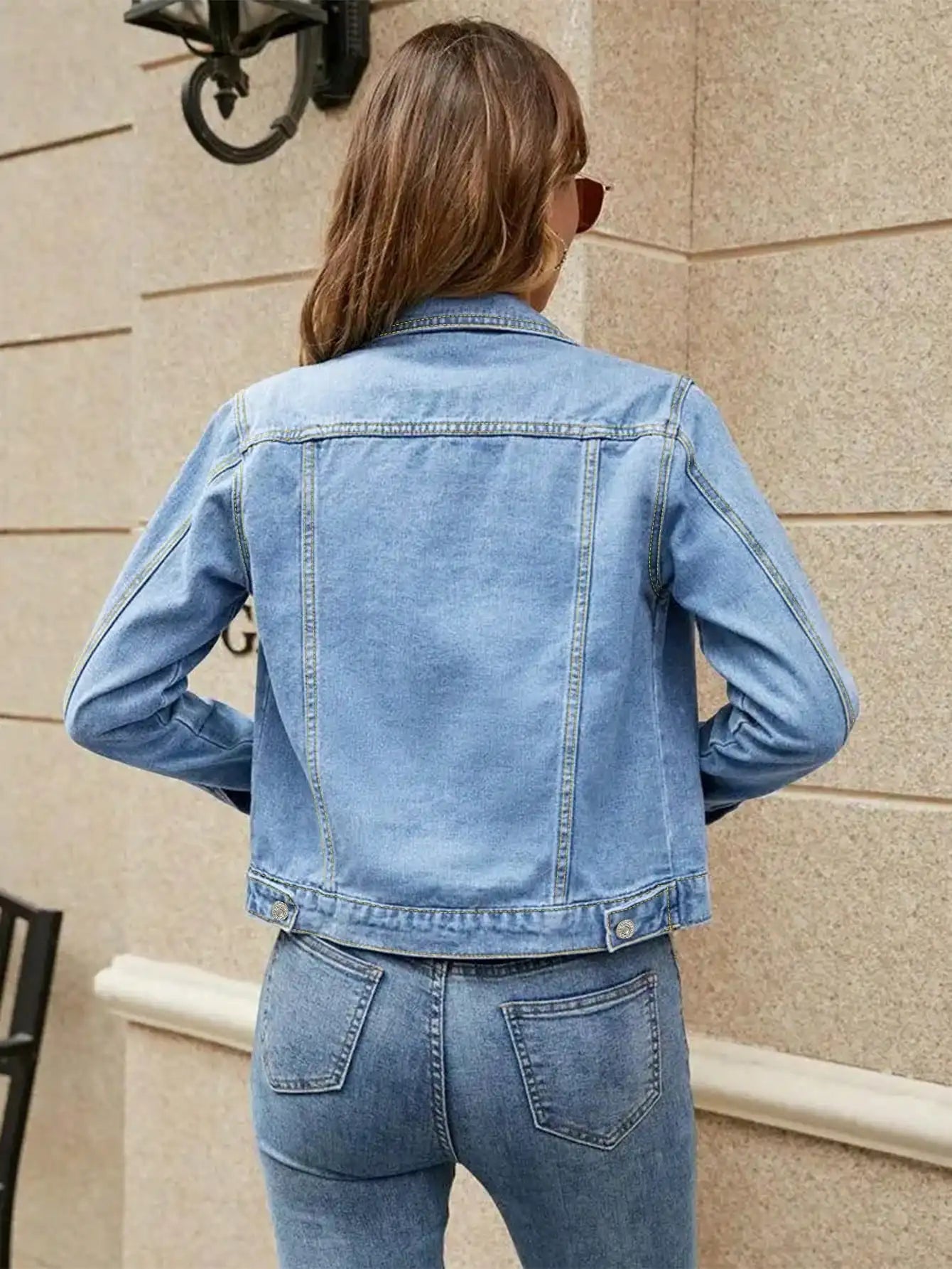 Womens Denim Jacket With Single Button Pockets Casual Everyday Wear