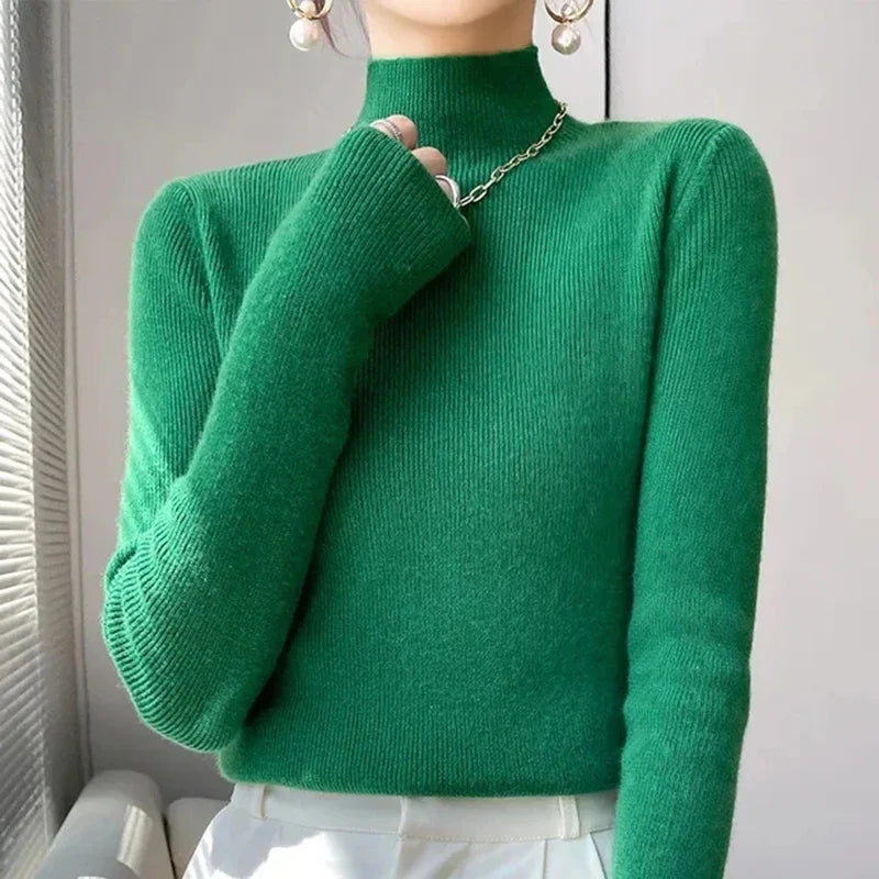 Solid Half Turtleneck Knit Sweater Women Harajuku Korean Thick Knitwear