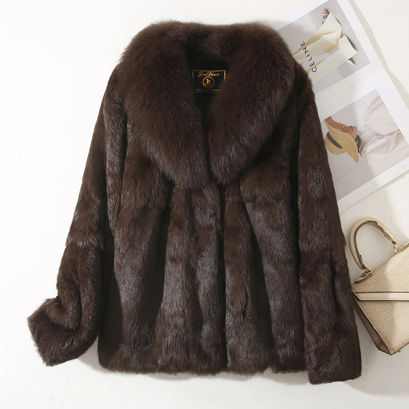 CN Zhejiang Real Rabbit Fur Coat With Luxury Fox Collar