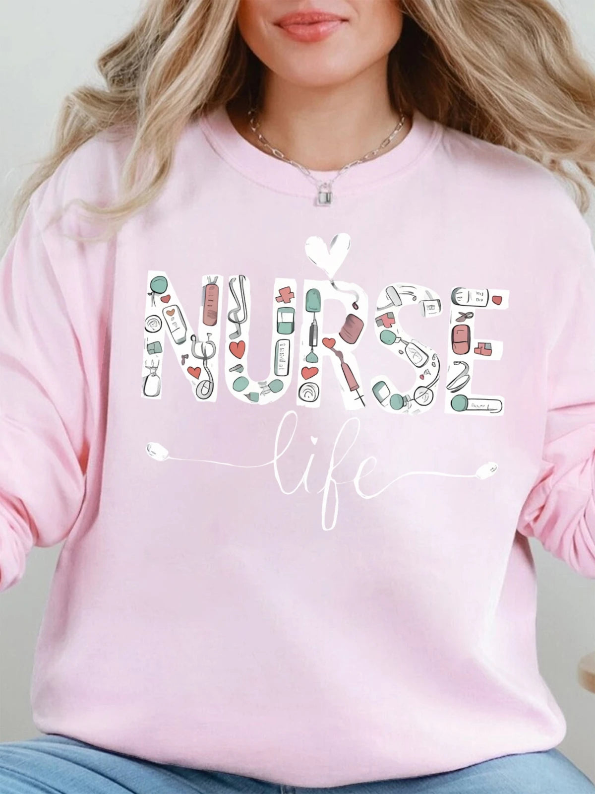 Cotton Crew Neck Sweatshirt Women Nurse Life Print Hoodie