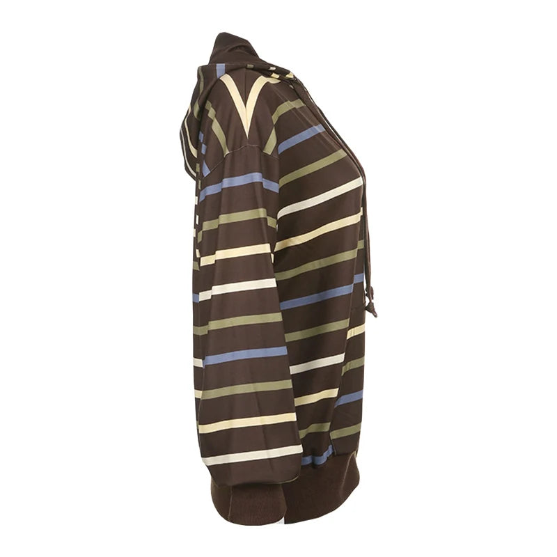 Hirigin Women Zip Up Drawstring Hoodie Striped Sweatshirt