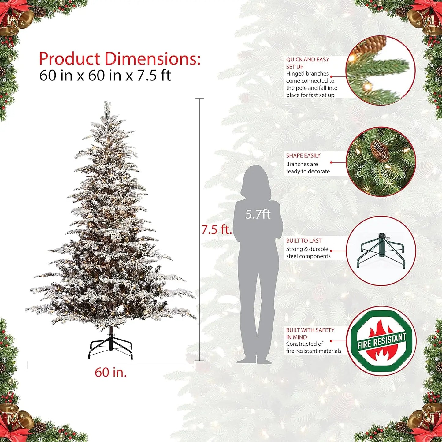 XMSJ Flocked Aspen Fir Prelit Artificial Christmas Tree