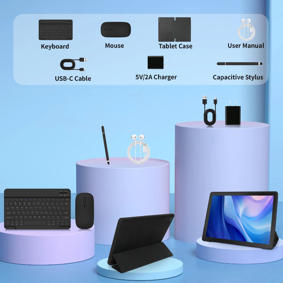 10.1 Inch Android 14 Tablet 12GB RAM 64GB ROM Face Unlock IPS HD Screen with Protective Case Stylus Keyboard Mouse Headphones