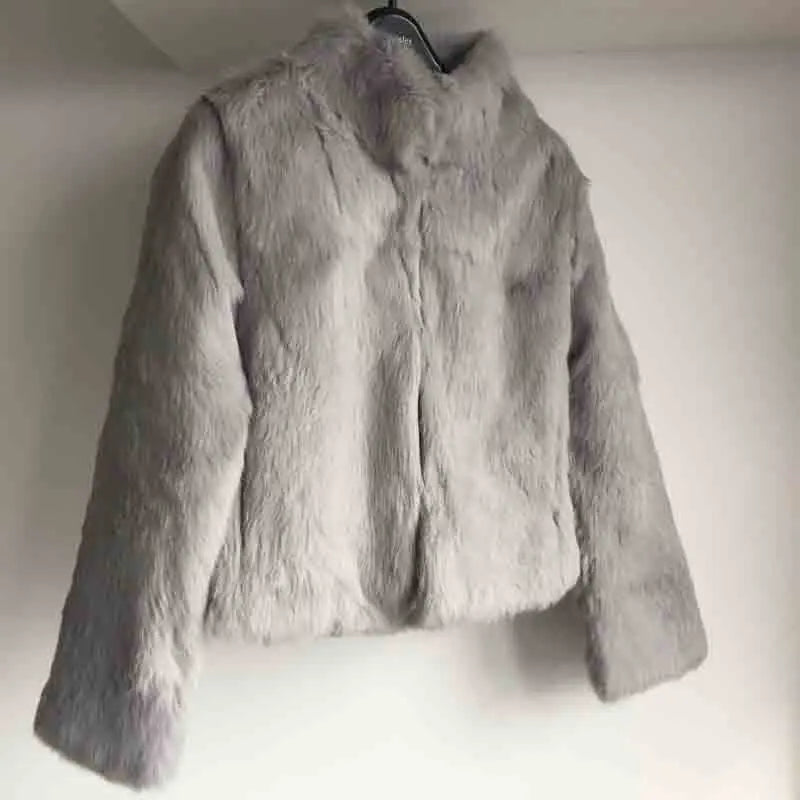 Tonfur Mandarin Collar Rabbit Fur Patchwork Coat For Women