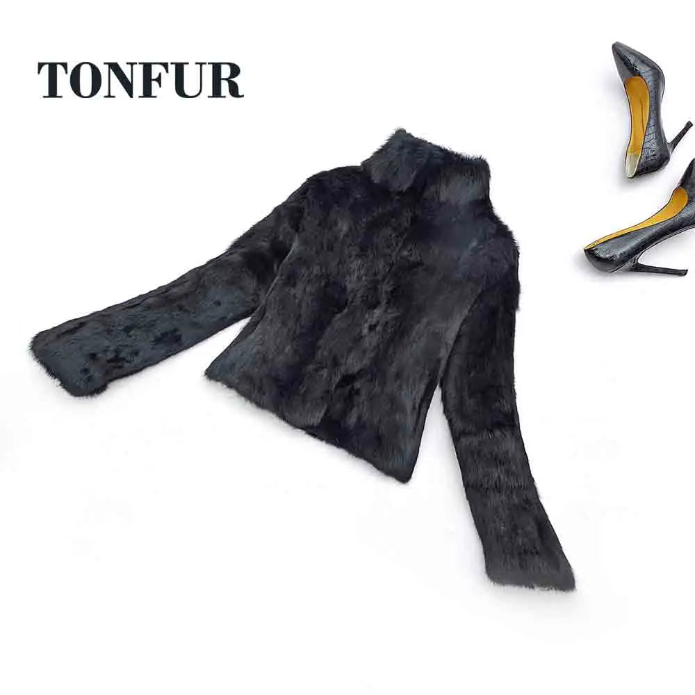 Tonfur Mandarin Collar Rabbit Fur Patchwork Coat For Women