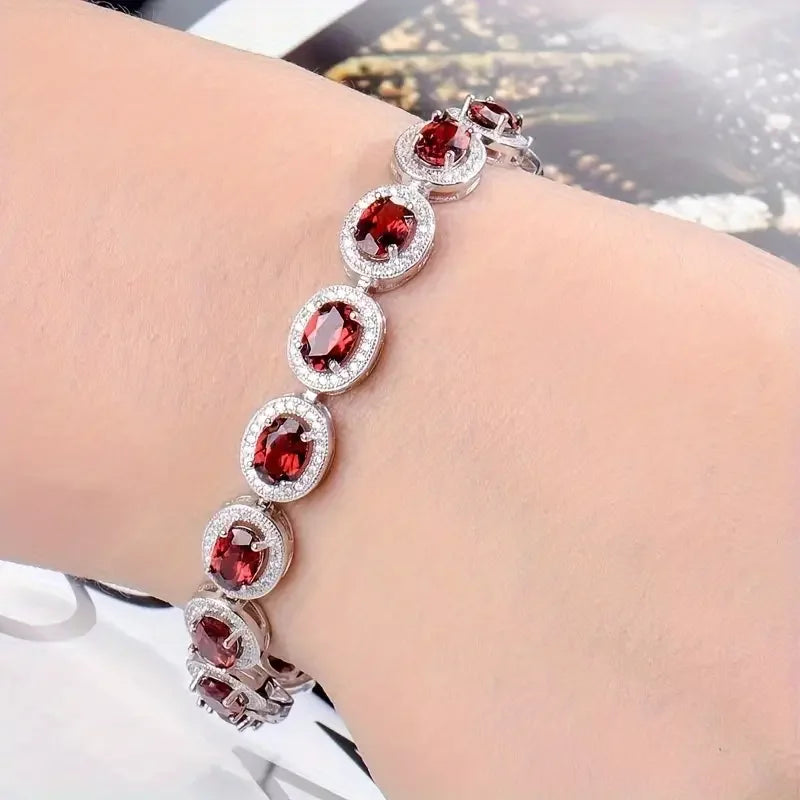 S925 Sterling Silver Garnet Bracelet Unisex Gift For Mom