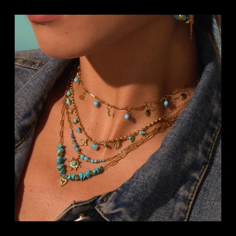 Popular Turquoise Natural Stone Necklace Light Luxury Ins Titanium Steel Ring Bohemian Earrings Jewelry Wholesale
