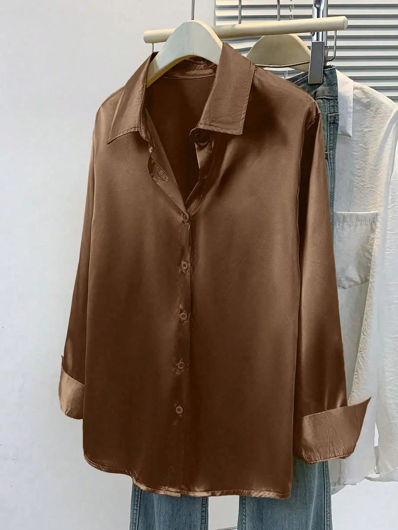Elegant Satin Button Up Blouse For Office Or Casual Wear