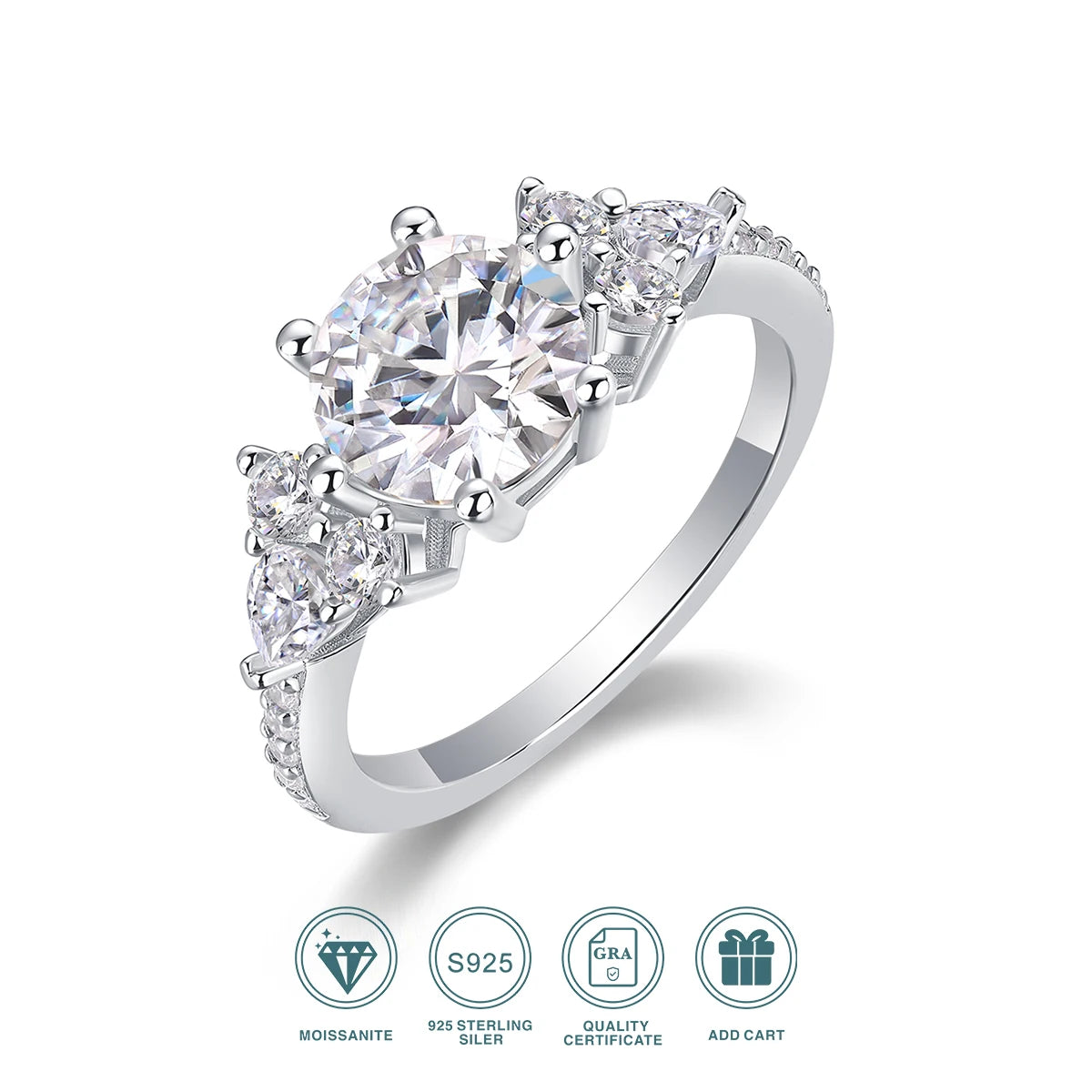 Moissanite Three Stone Ring 925 Silver 18K Gold Plated Gift