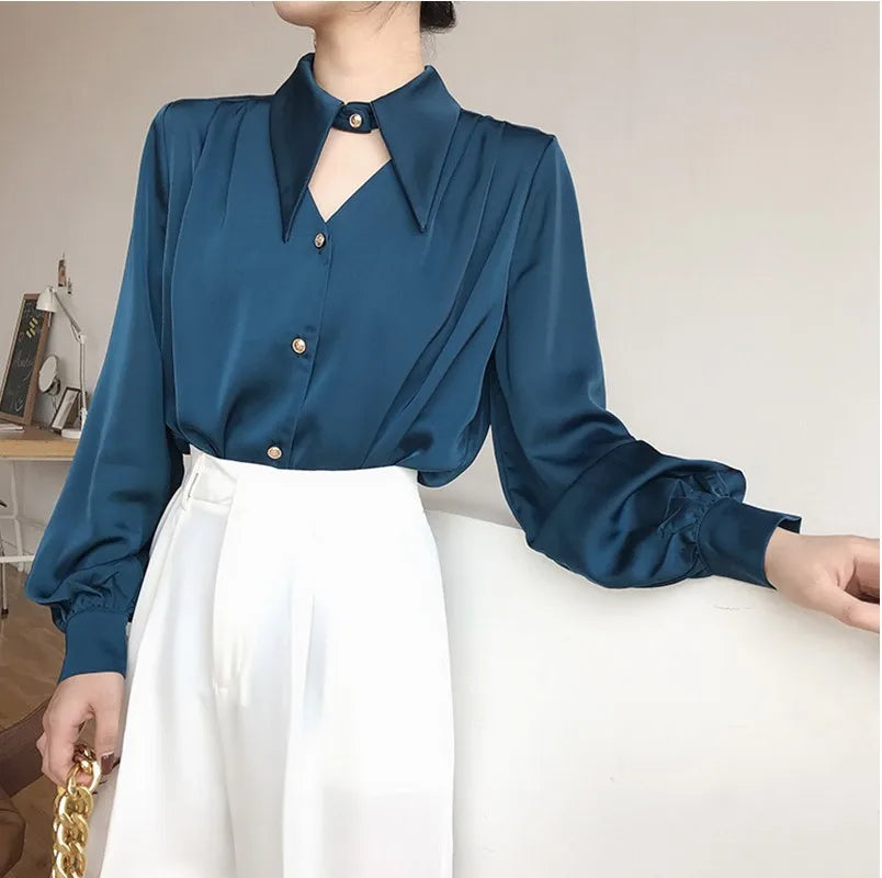 Satin Shirt Women Long Sleeve Button Down Office Blouse