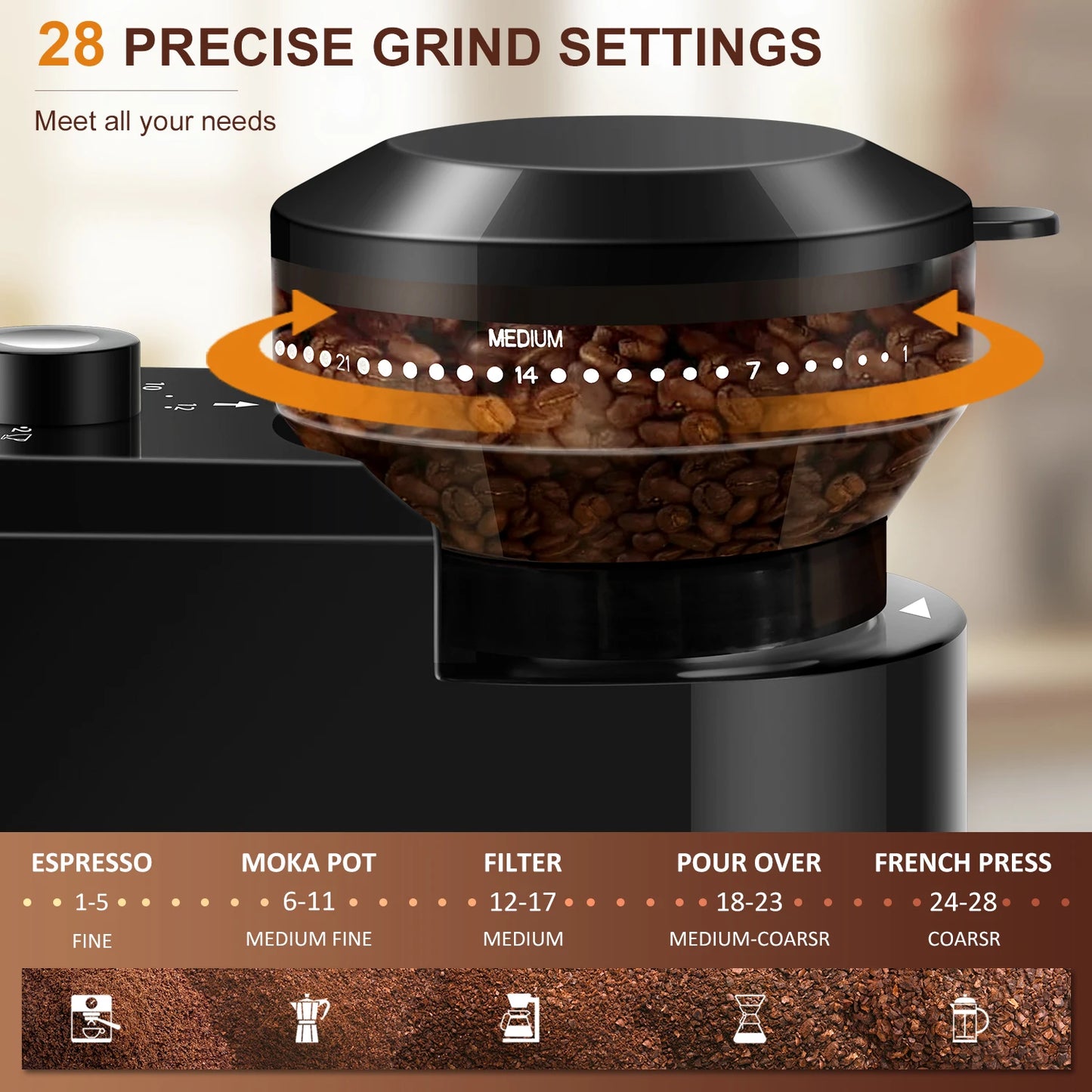 KIRAINAFLY Automatic Burr Mill Coffee Grinder 28 Gears