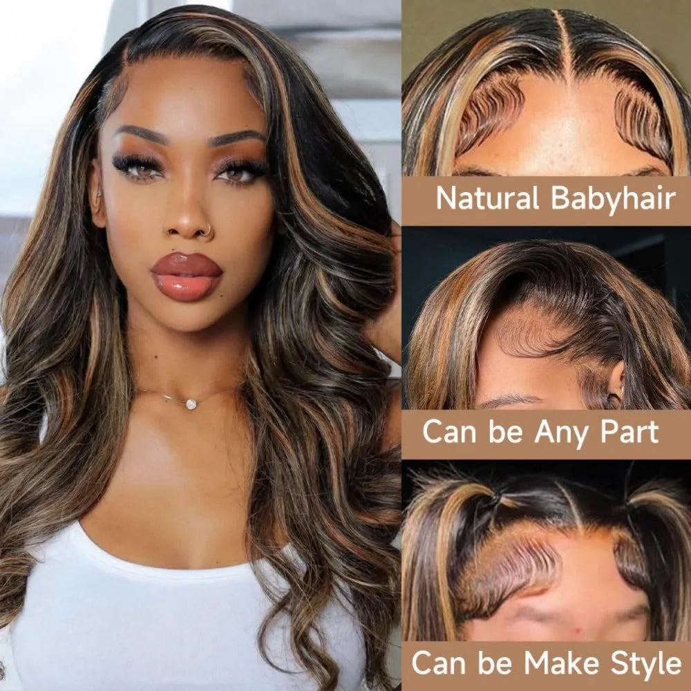 Gotet Brazilian Balayage Lace Front Wig With Swiss Lace Cap Hand Tied Construction Body Wave