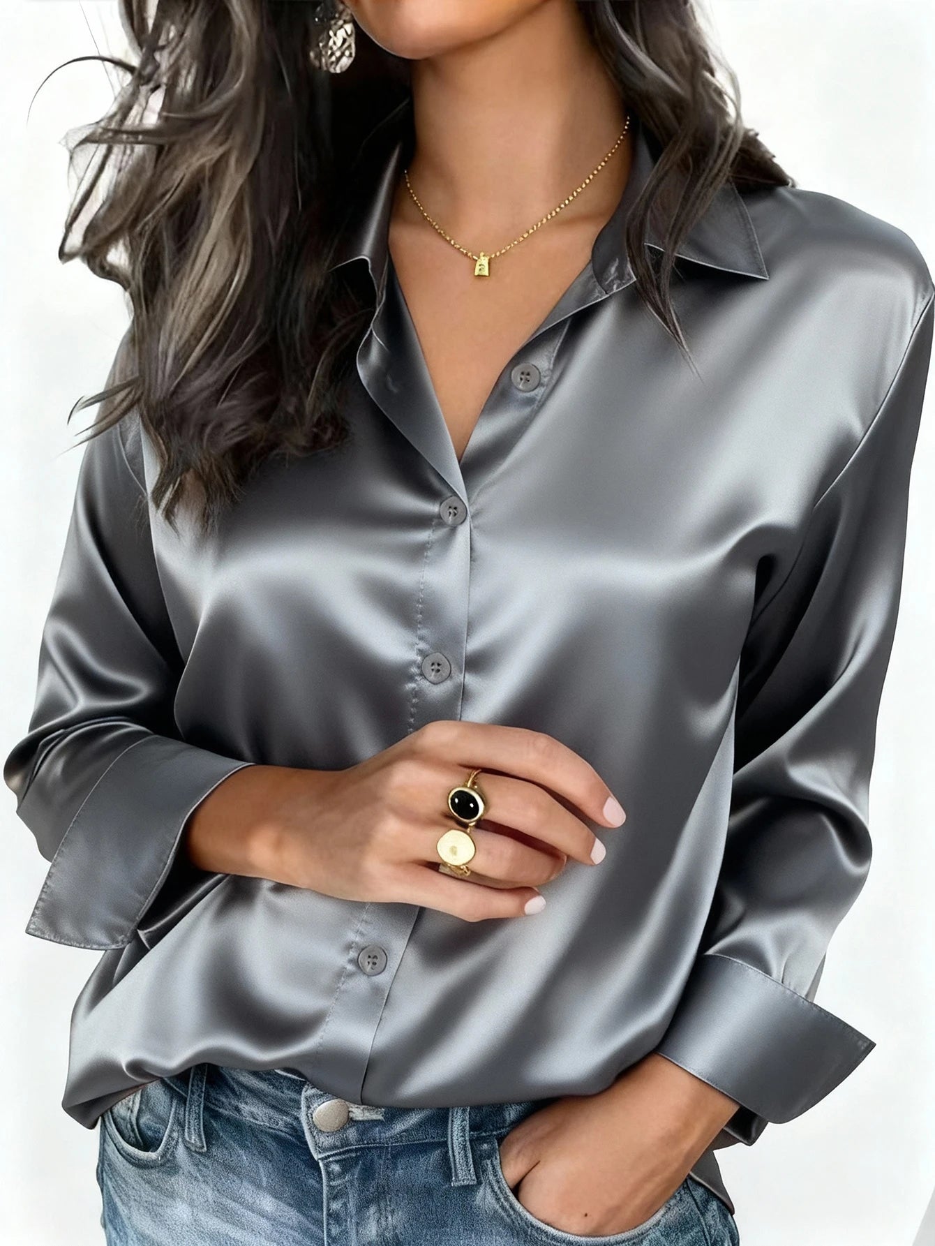Elegant Satin Button Up Blouse For Office Or Casual Wear