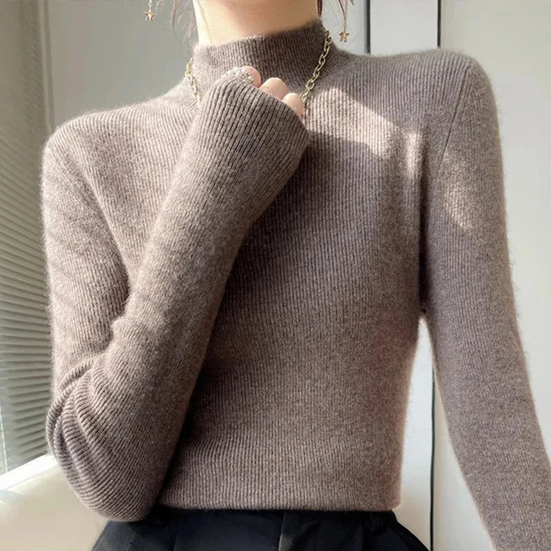 Solid Half Turtleneck Knit Sweater Women Harajuku Korean Thick Knitwear