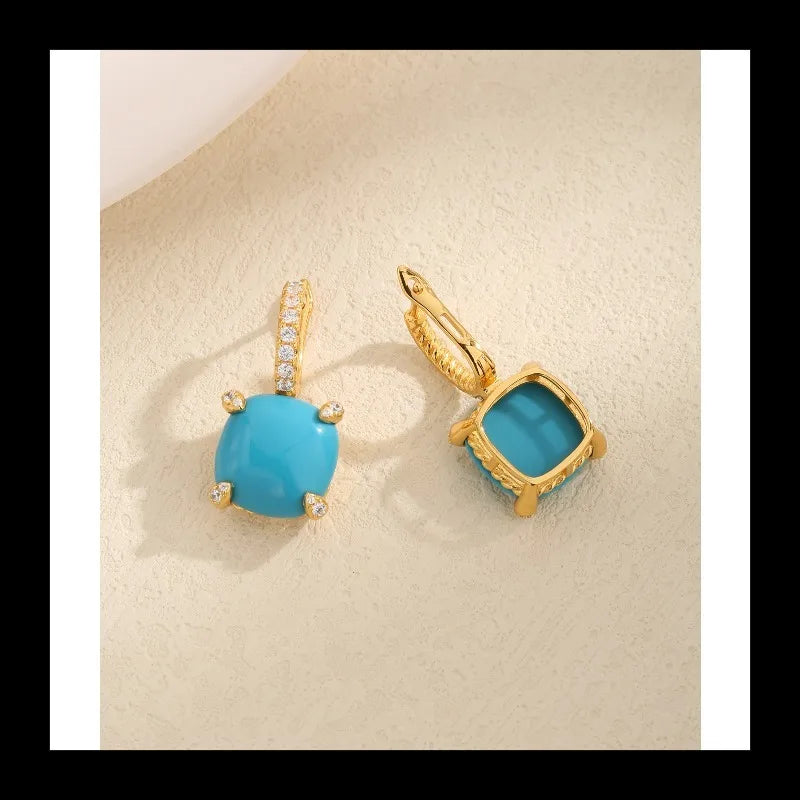 NONECN S925 Silver Square Turquoise Zircon Ear Buckle Earrings
