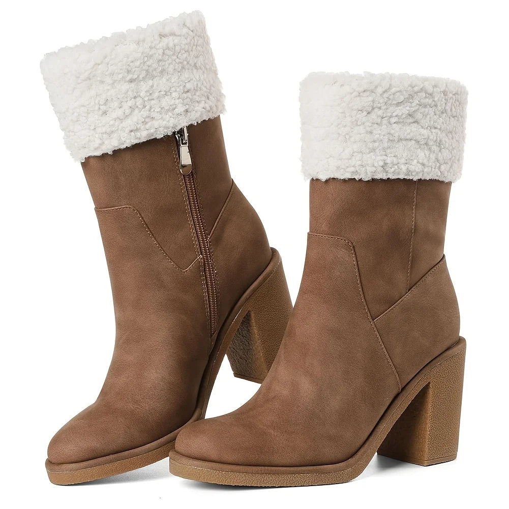 Women's Winter Snow Boots Faux Fur Ankle Block Heel
