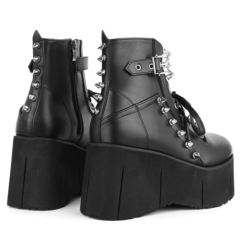 GIGIFOX Goth Punk Stylish High Platform Ankle Boots For Woman High Wedges Heel Side Zipper Round Toe Metal Rivet Punk Girl Boots