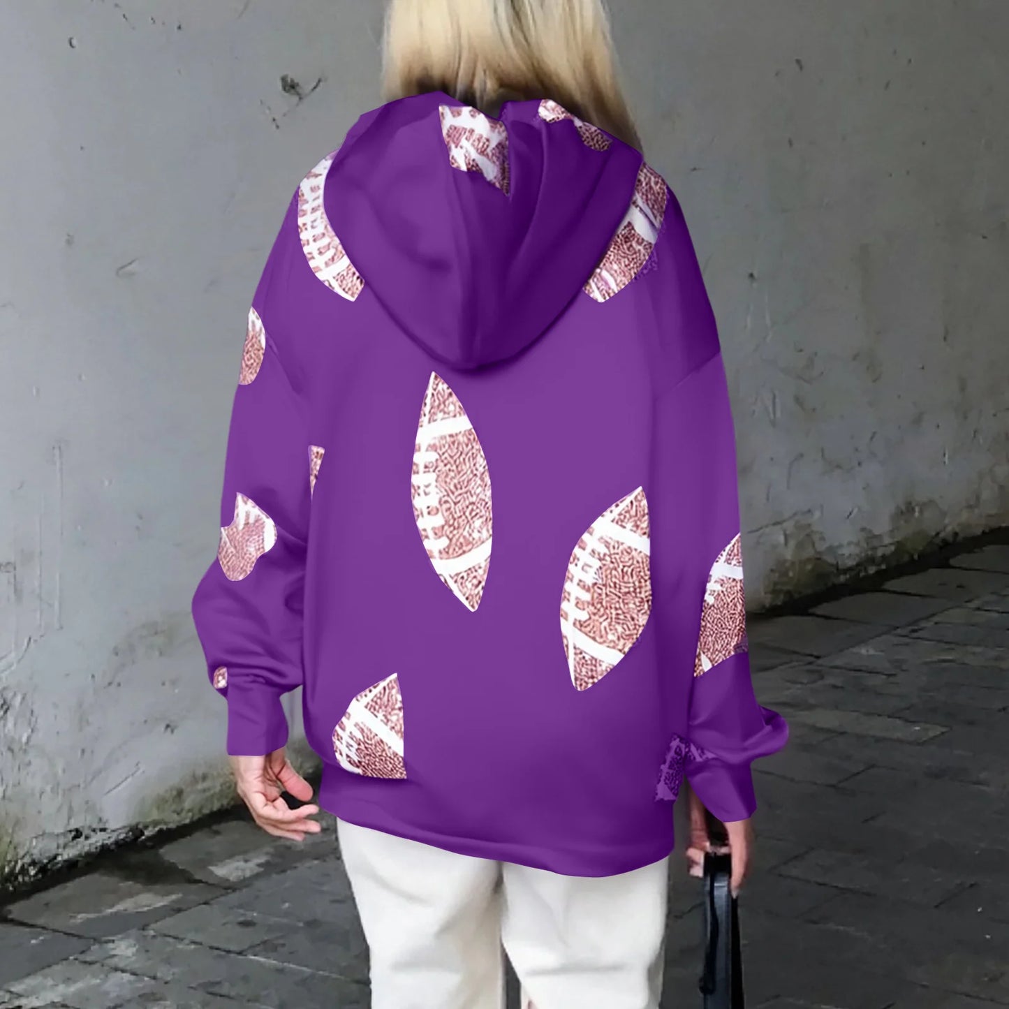 Womens Loose Vneck Hooded Sequin Patchwork Sweatshirt