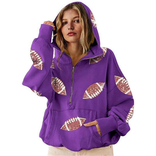 Womens Loose Vneck Hooded Sequin Patchwork Sweatshirt