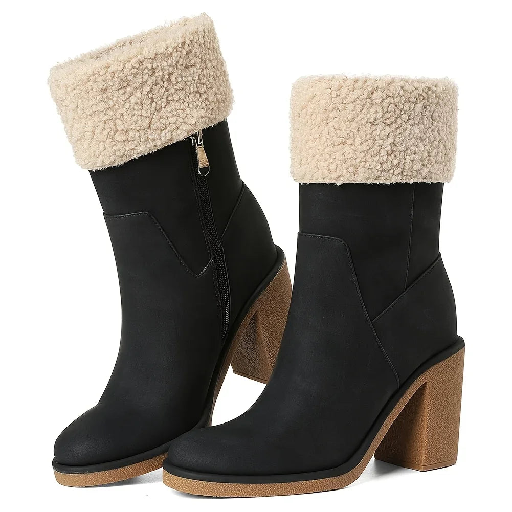 Women's Winter Snow Boots Faux Fur Ankle Block Heel