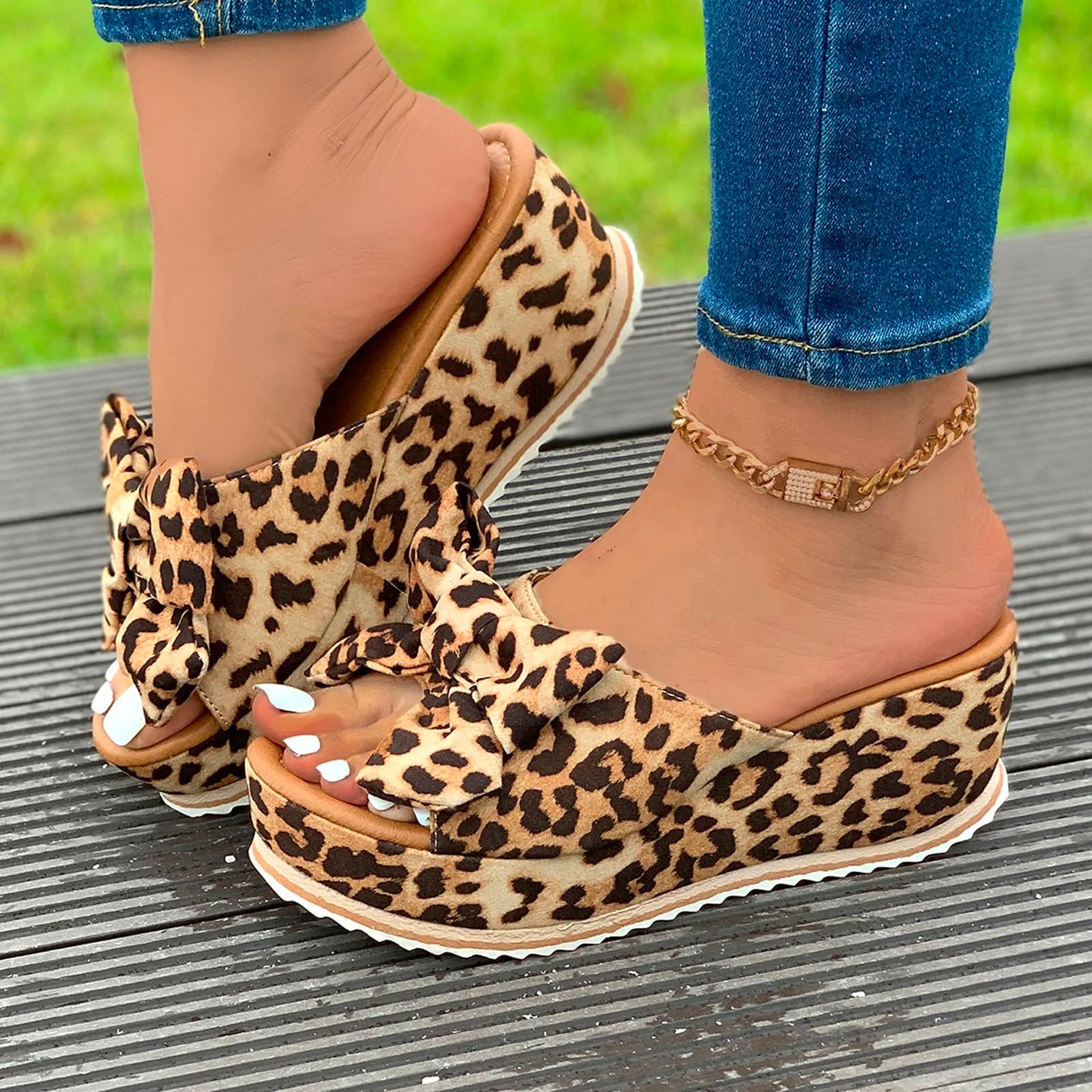 Women Shoes Summer Fashion Modern Slippers Outdoor Simple Princess Beach Slippers Women Bow Tie Wedge Leopard Ladies Shoes