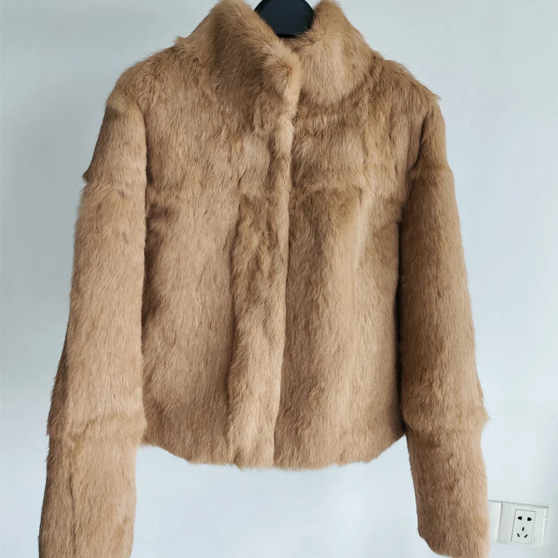 Tonfur Mandarin Collar Rabbit Fur Patchwork Coat For Women
