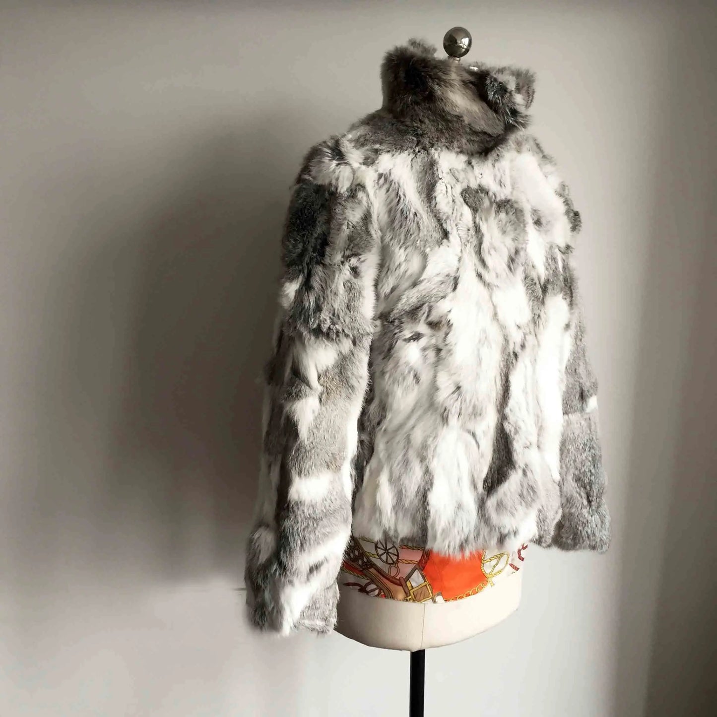 Tonfur Mandarin Collar Rabbit Fur Patchwork Coat For Women