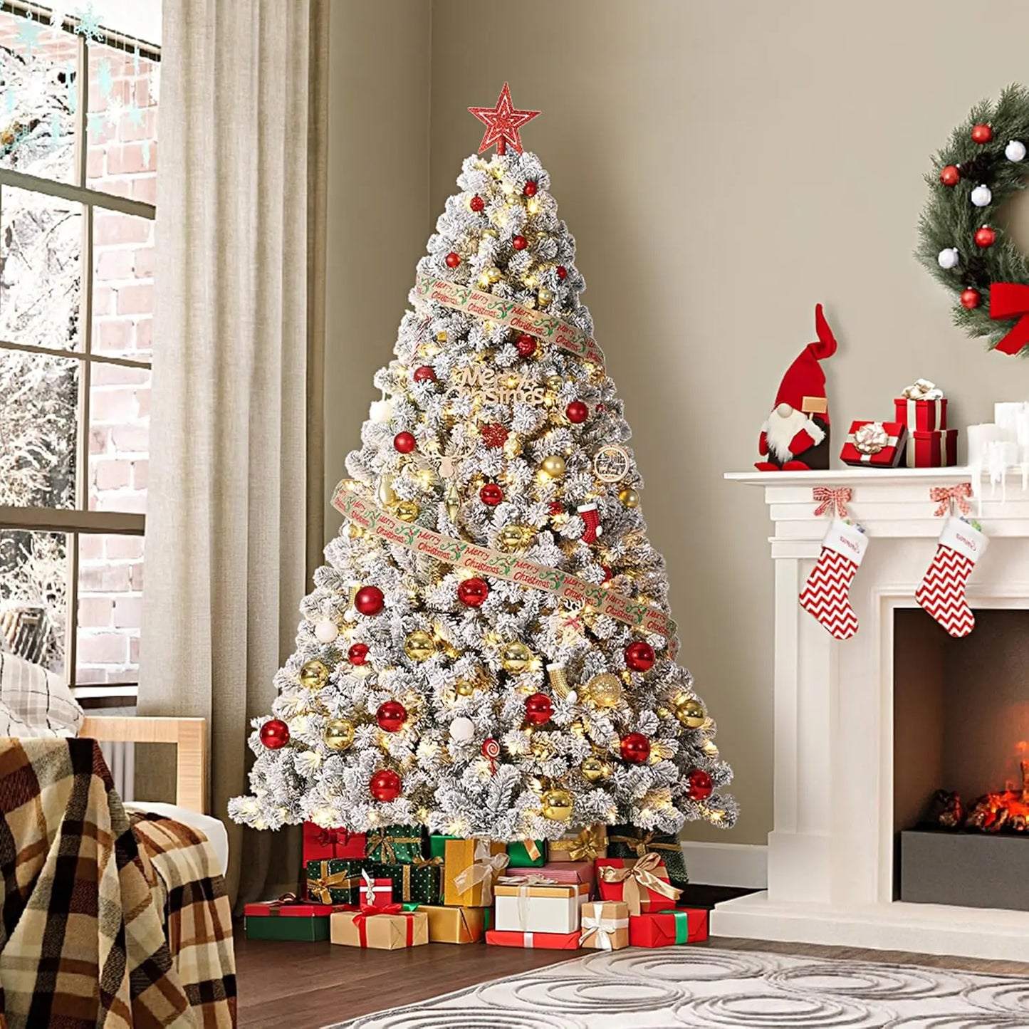 Prelit Artificial Christmas Tree With 450 Warm Lights Flocked Material