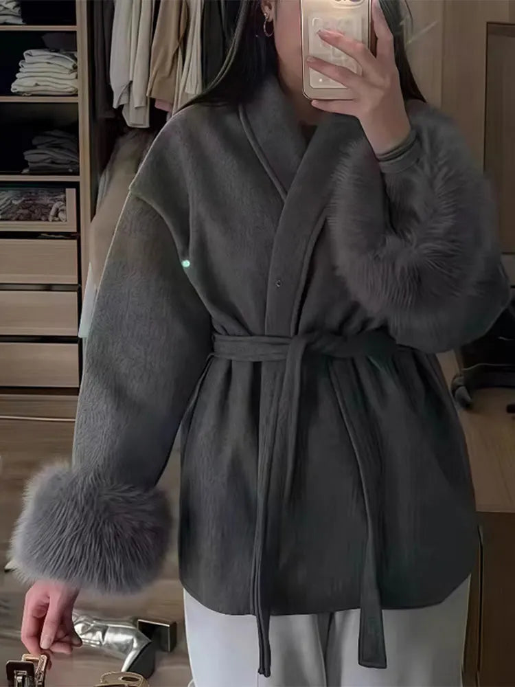 Chin.Sweety Women Chic Lapel Plush Faux Fur Coat With Belt