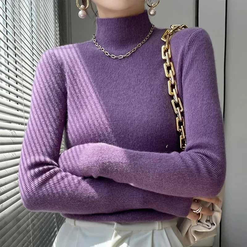 Solid Half Turtleneck Knit Sweater Women Harajuku Korean Thick Knitwear