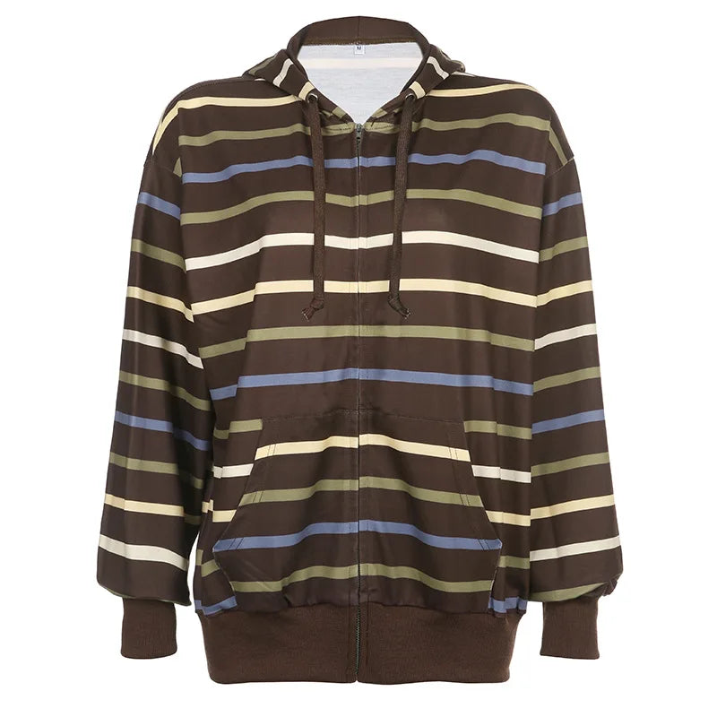 Hirigin Women Zip Up Drawstring Hoodie Striped Sweatshirt