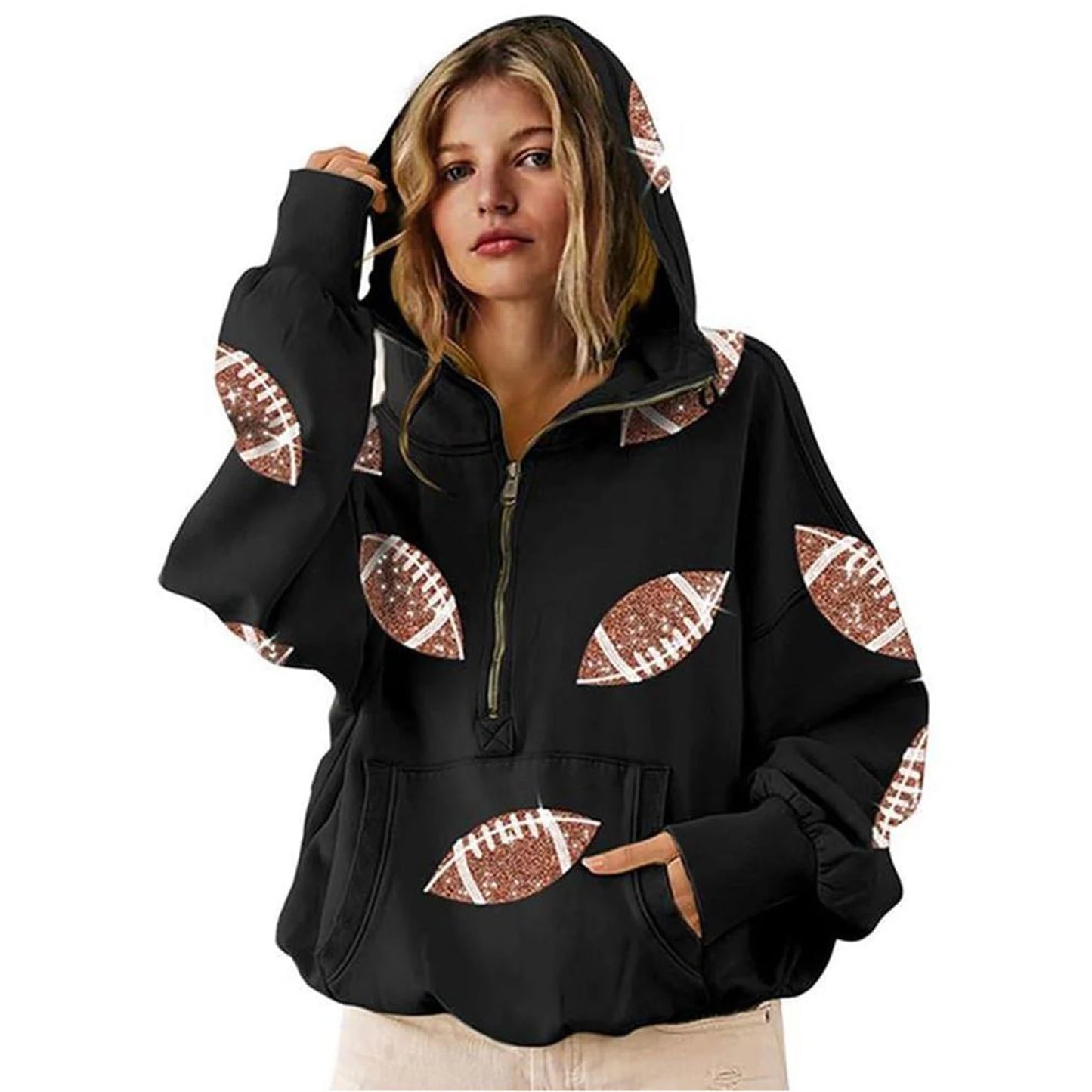 Womens Loose Vneck Hooded Sequin Patchwork Sweatshirt