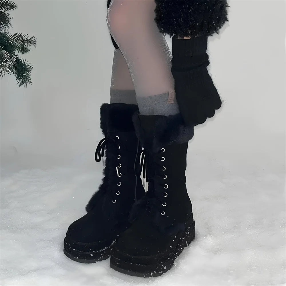 Winter Faux Fur Mid Calf Snow Boots With Wedges Women