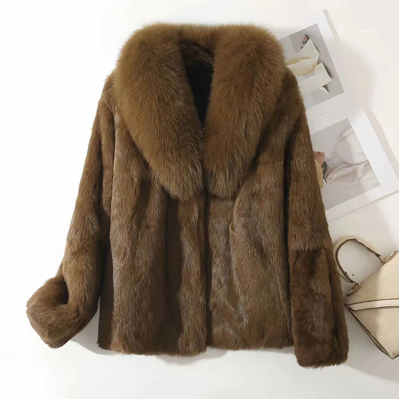 Real Rex Rabbit Fur Coat For Women With Fox Collar