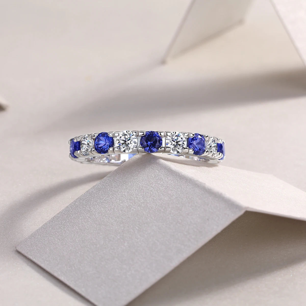Elegant S925 Silver Ring with Alternating Moissanite & Blue Sapphires, 18K Gold Plated, Exquisite Design, Includes GRA Certifica