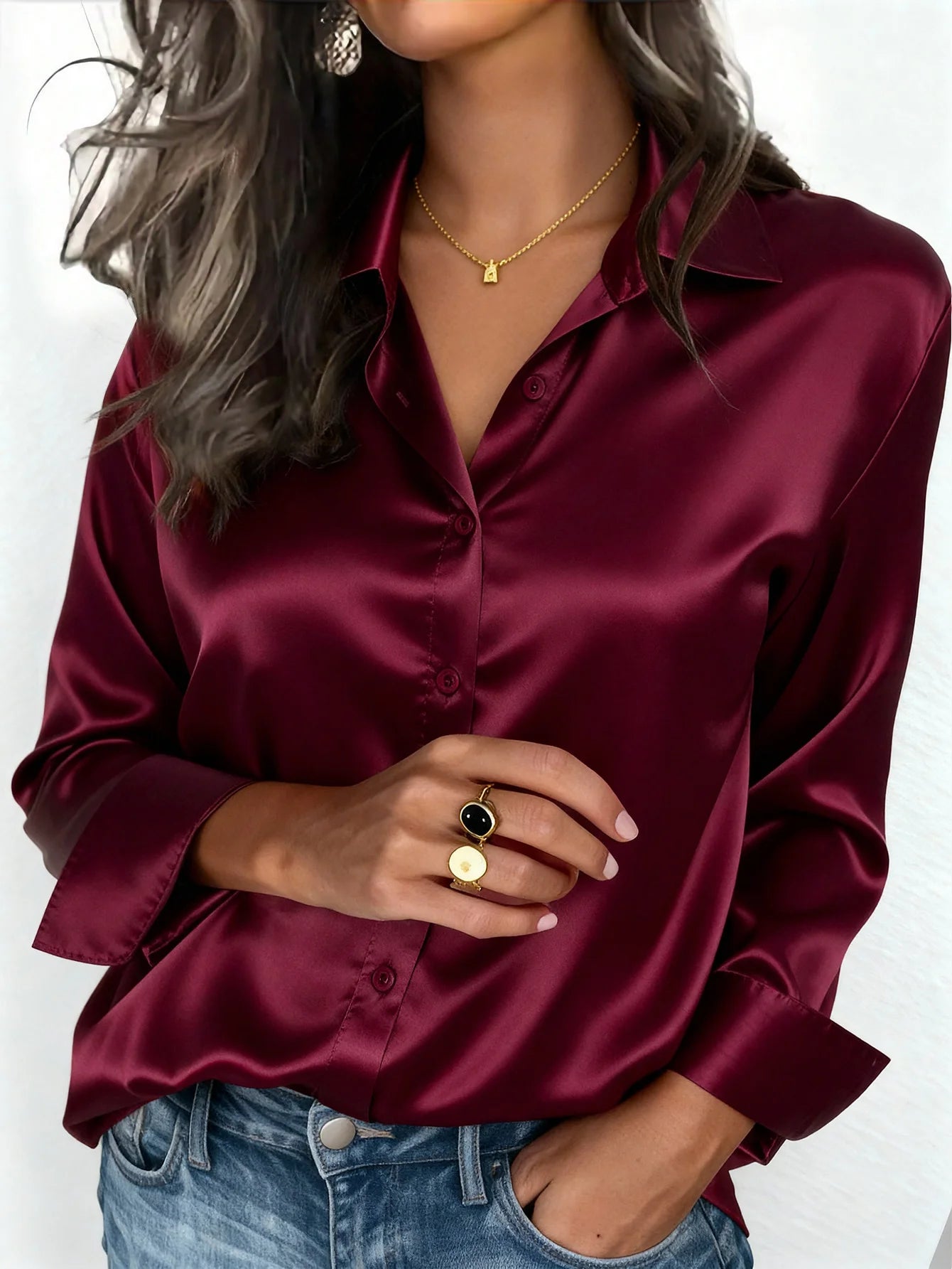 Elegant Satin Button Up Blouse For Office Or Casual Wear