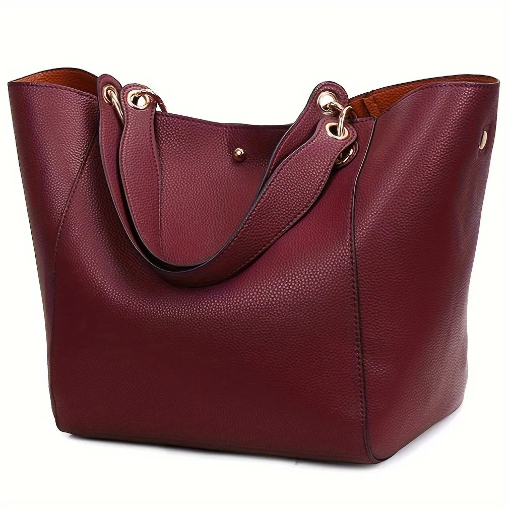 Large Capacity Women's Handbag - Fashion Synthetic Leather Bucket Bag with Detachable Shoulder Strap, gold Hardware and