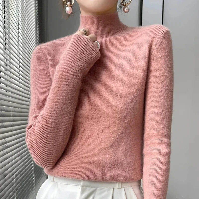 Solid Half Turtleneck Knit Sweater Women Harajuku Korean Thick Knitwear
