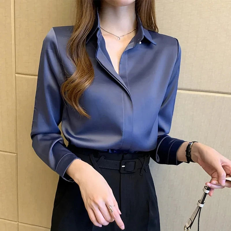 Satin Womens Shirt Long Sleeve Blouse Luxury Silk