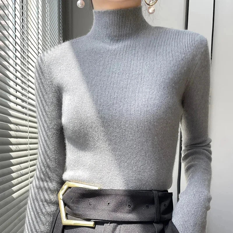 Solid Half Turtleneck Knit Sweater Women Harajuku Korean Thick Knitwear