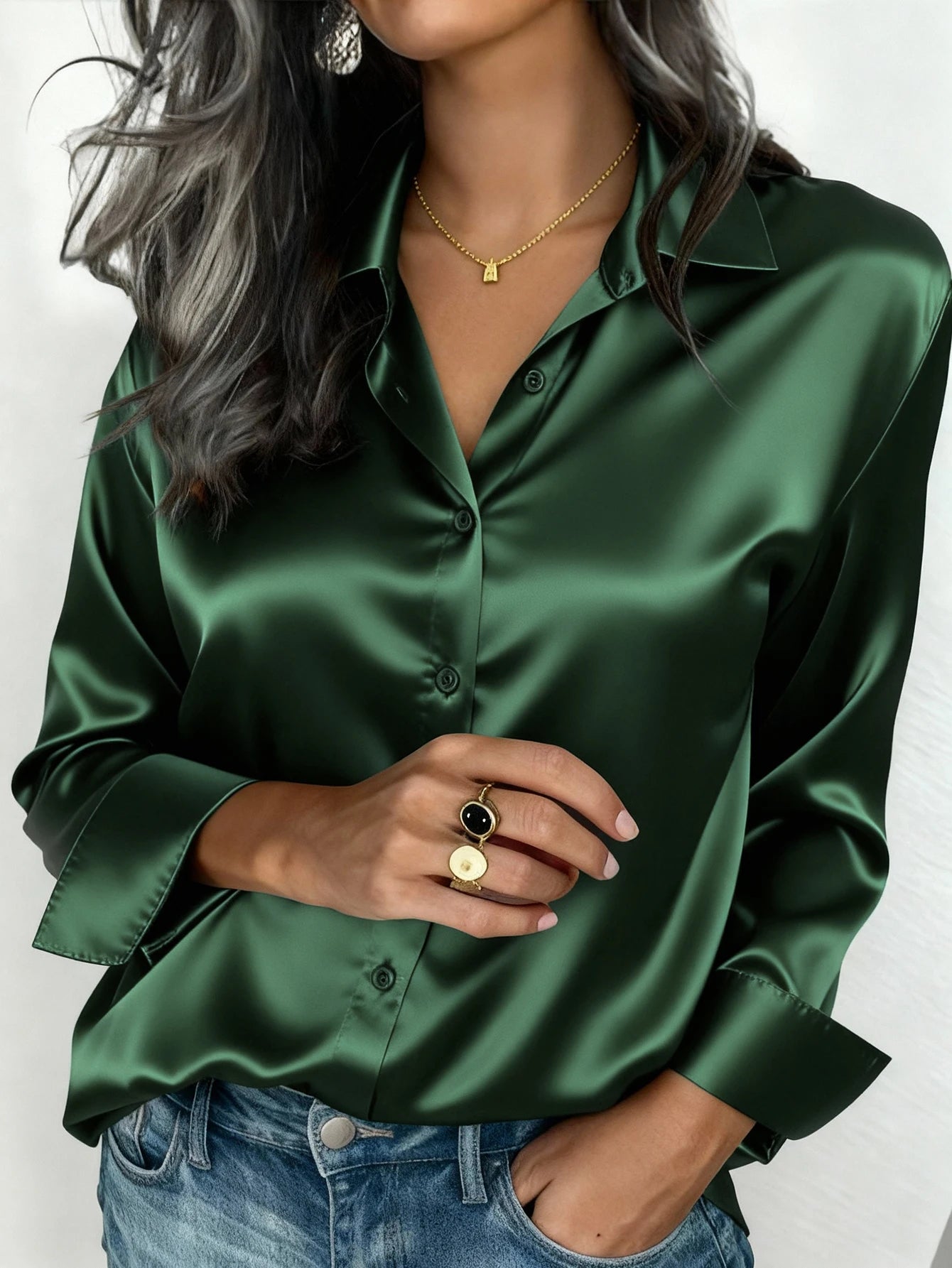 Elegant Satin Button Up Blouse For Office Or Casual Wear