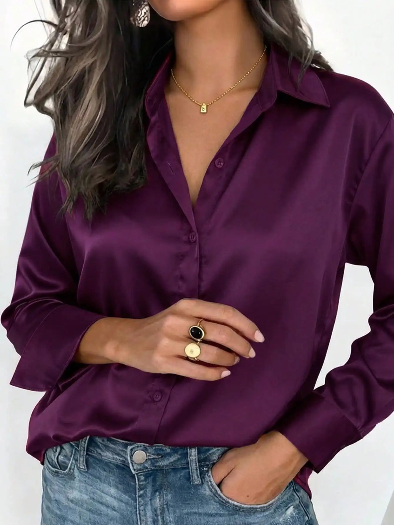 Elegant Satin Button Up Blouse For Office Or Casual Wear