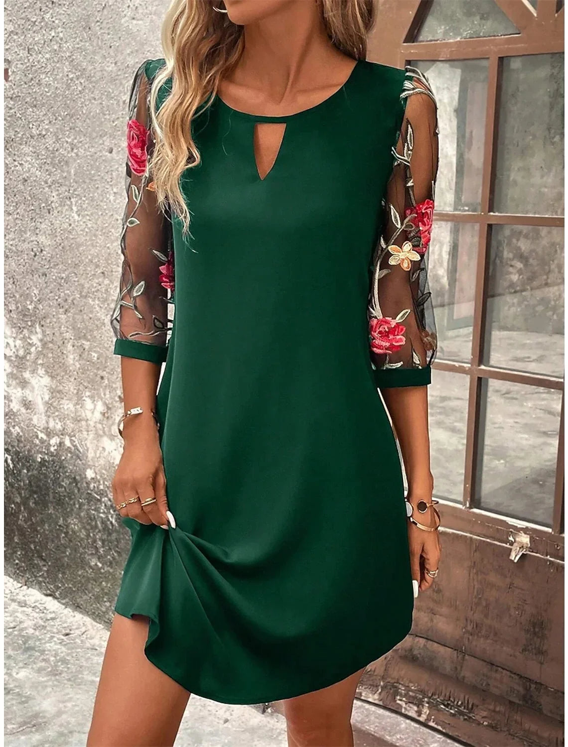 Women Perspective Printed Mid Sleeve Round Neck Dress