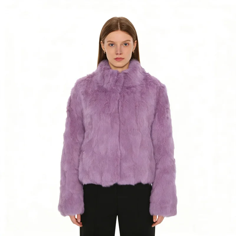Tonfur Mandarin Collar Rabbit Fur Patchwork Coat For Women